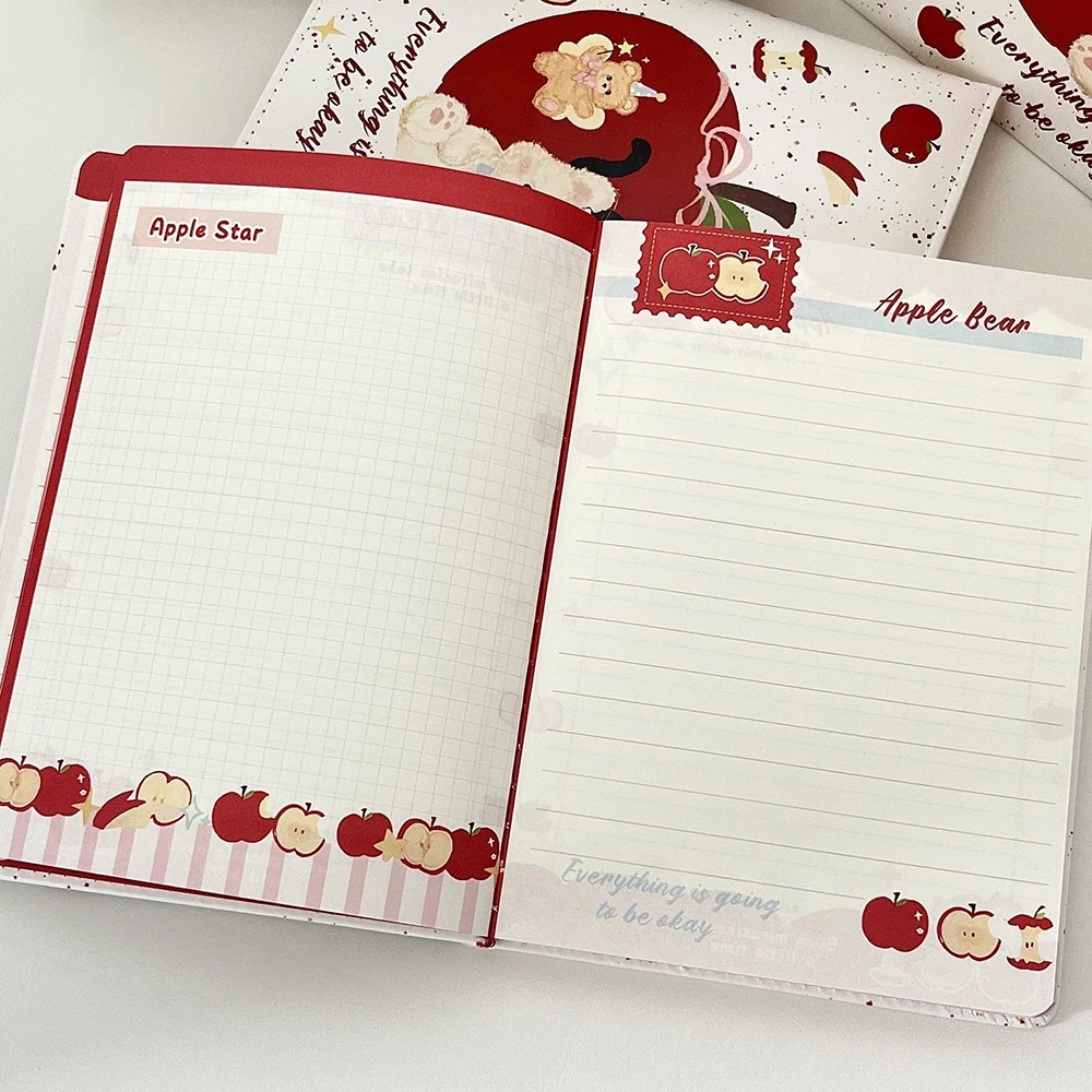 Cute Apple Bear A5 leather notebook, painted interior pages, thick and stylish student ledger, office memo