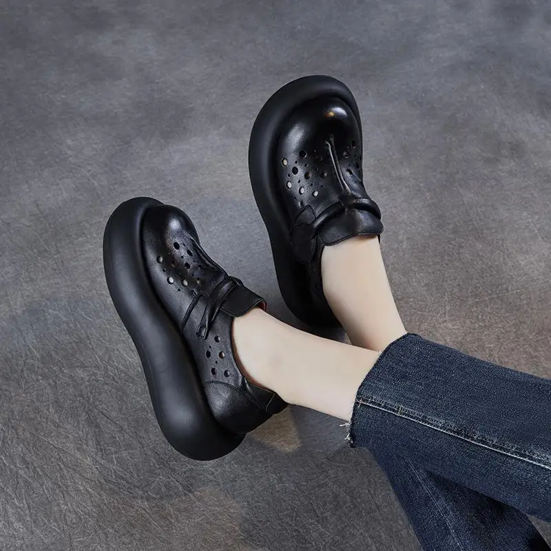 

Genuine Leather Hollow out Platform Sandals Women's Shoes Adorable Ugly Head Cowhide Slippers Outdoor Wear Retro Style Middle...