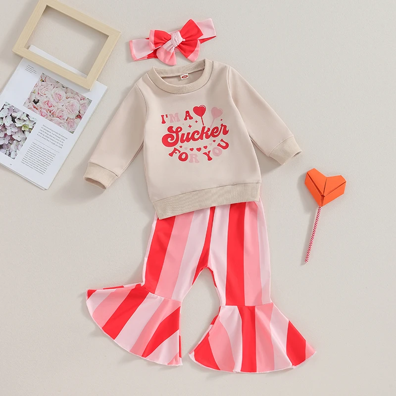 

Valentine s Day Toddler Girls Outfit Set with Heart Print Sweatshirt Striped Flared Pants and Matching Headband - Adorable