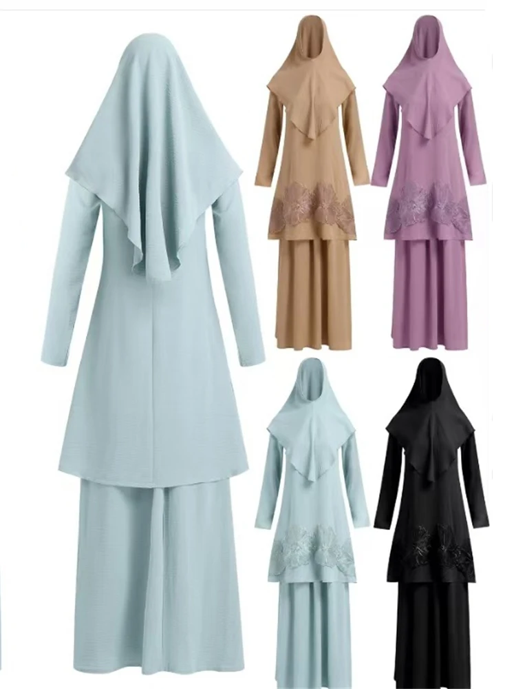 Ramadan Plain 3 Piece Abaya Set Tops Skirt Modest Muslim Sets Prayer Clothes Women Robe Caftan Marocain Femme Musulmane Kaftan