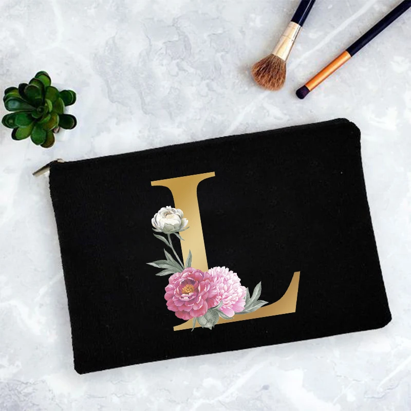 Letter Flower Print Women Cosmetic Bags Bridesmaid of Honor Wedding Clutch Fashion Cosmetic Organizer Pouch Ladies Makeup Bag