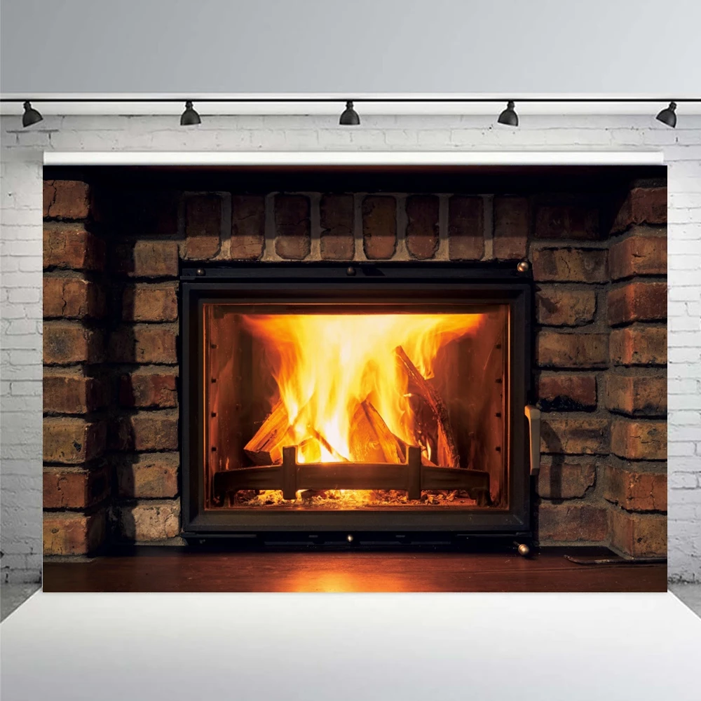 Christmas Fireplace Backdrop Photography Burning Flame Room Decor Festival Party Vintage Arch Brick Stove Photo Background