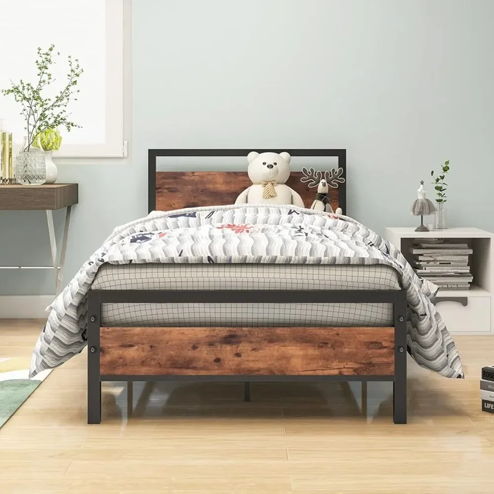 Bed Base Steel Slats Size Bed Frame With Wood Headboard Bedroom Furniture No Box Spring Needed Black and Rustic Brown Home