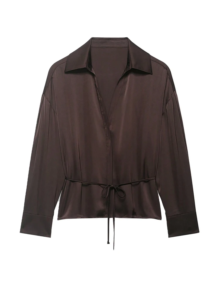 Damen Schicke Modische Satin-Bluse mit Gürtel Langarm Reverskragen Stilvolle Damenbluse Trendiges Oberteil