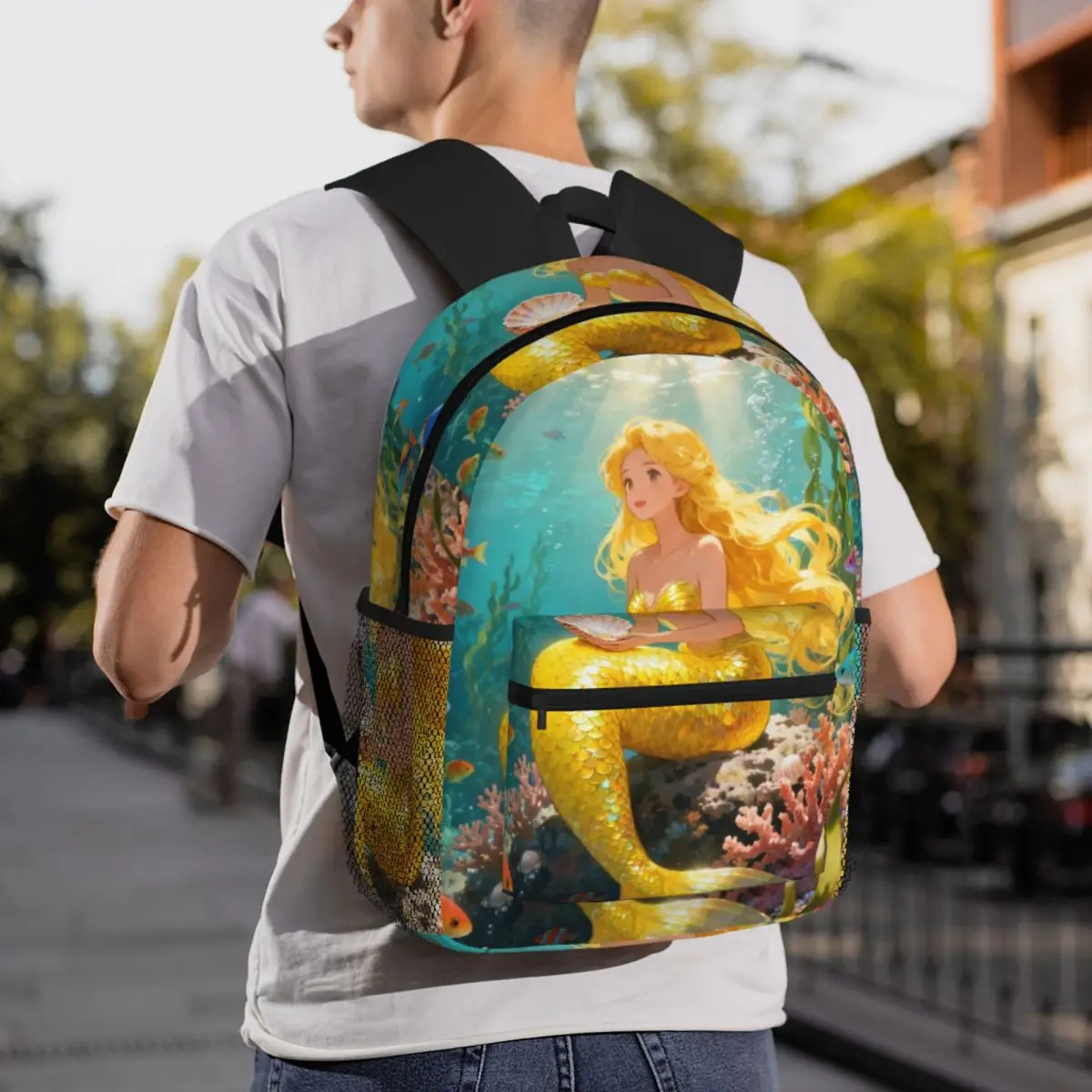 Cartoon Mermaid Dolphin Print Backpack Student BookBag Kids School Bag Laptop Shoulder Bags for Men Women