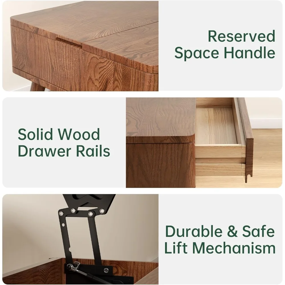 Lift Top Coffee Table, 100% Solid Oak Wood Walnut Coffee Table with Drawers and Hidden Compartments, Rectangular Coffee Tables w