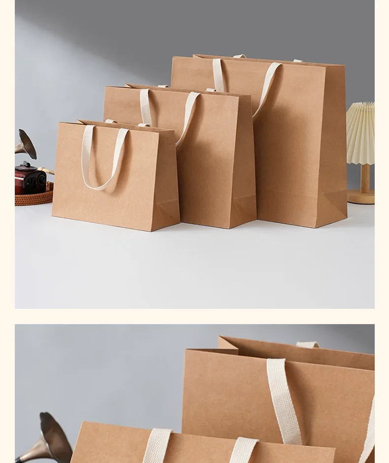 10 Stück Kraftpapiertüten für hochwertige Bekleidungsgeschäfte, Handtaschen für Verpackungen, Geschenk- und Einkaufstaschen, unterstützt individuelles Logo. – Detail 6