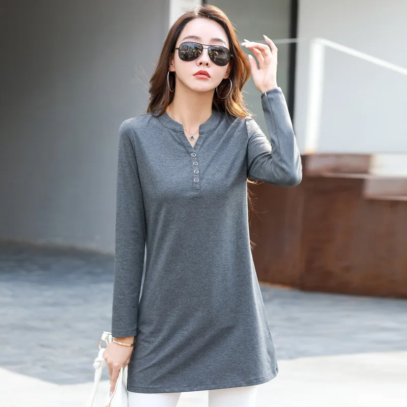 New Spring T Shirt Women Long Sleeve Fashion Pullovers V-Neck Button T-shirt Long Tunic Shirt Autumn Basic Tops Tees Short Dress