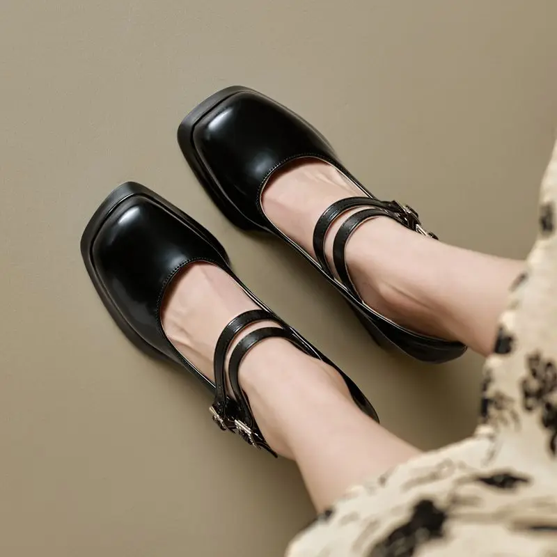 REAVE CAT White Sexy Women Pumps Square Toe 9cm Block Heel Double Buckle Strap Plus Size 44 45 46 Mary Janes Dating Party Shoes view 3