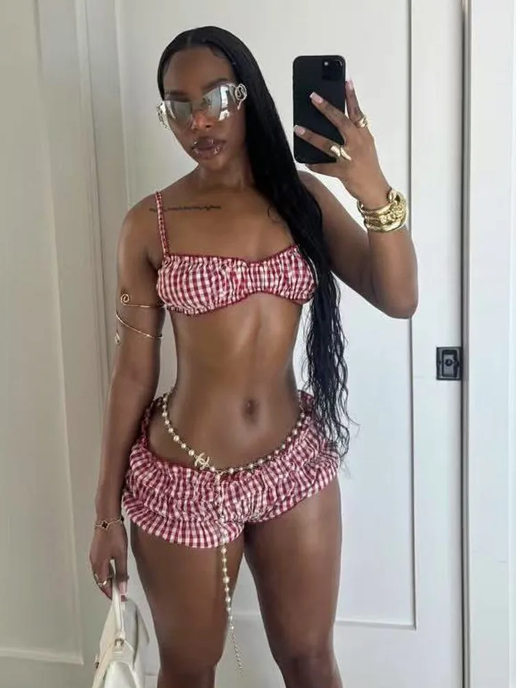 

Joskaa Plaid Print Red 2 Piece Bikini Sets Women Swimwear Fashion Ruffles Camisole and Shorts Matching Bathing Suits Beachwear