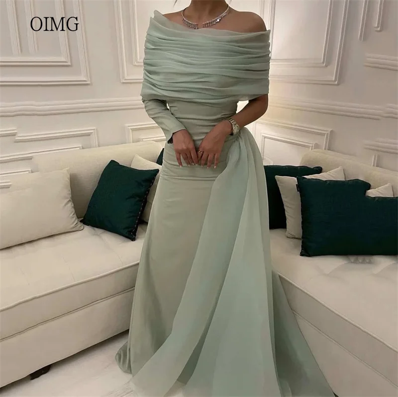 

OIMG Green Off The Shoulder Mermaid Formal Prom Gowns Half Sleeve Evening Dress Tail Floor Length Party Dresses Customized