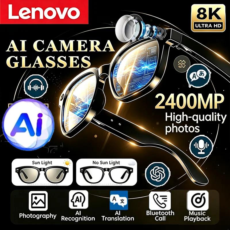 Lenovo 8K AI Camera Glasses Multi-functional 2400MP Photochromic Anti-shake Shooting Tech 290mAh Large Battery Men Smart Glasses