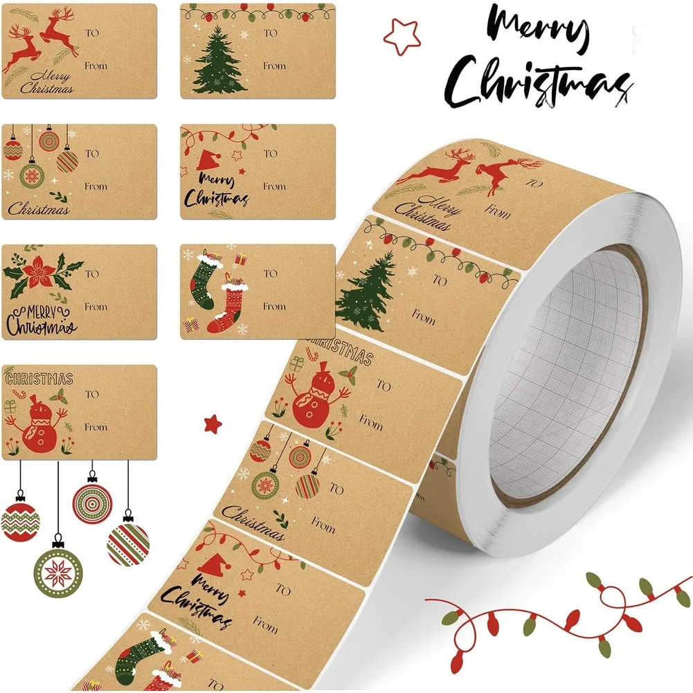 For Christmas Present Name Stickers Brown Paper With To From Fields 210 pcs Roll 7.5 x 4.6 cm 2.95 x 1.81 inch