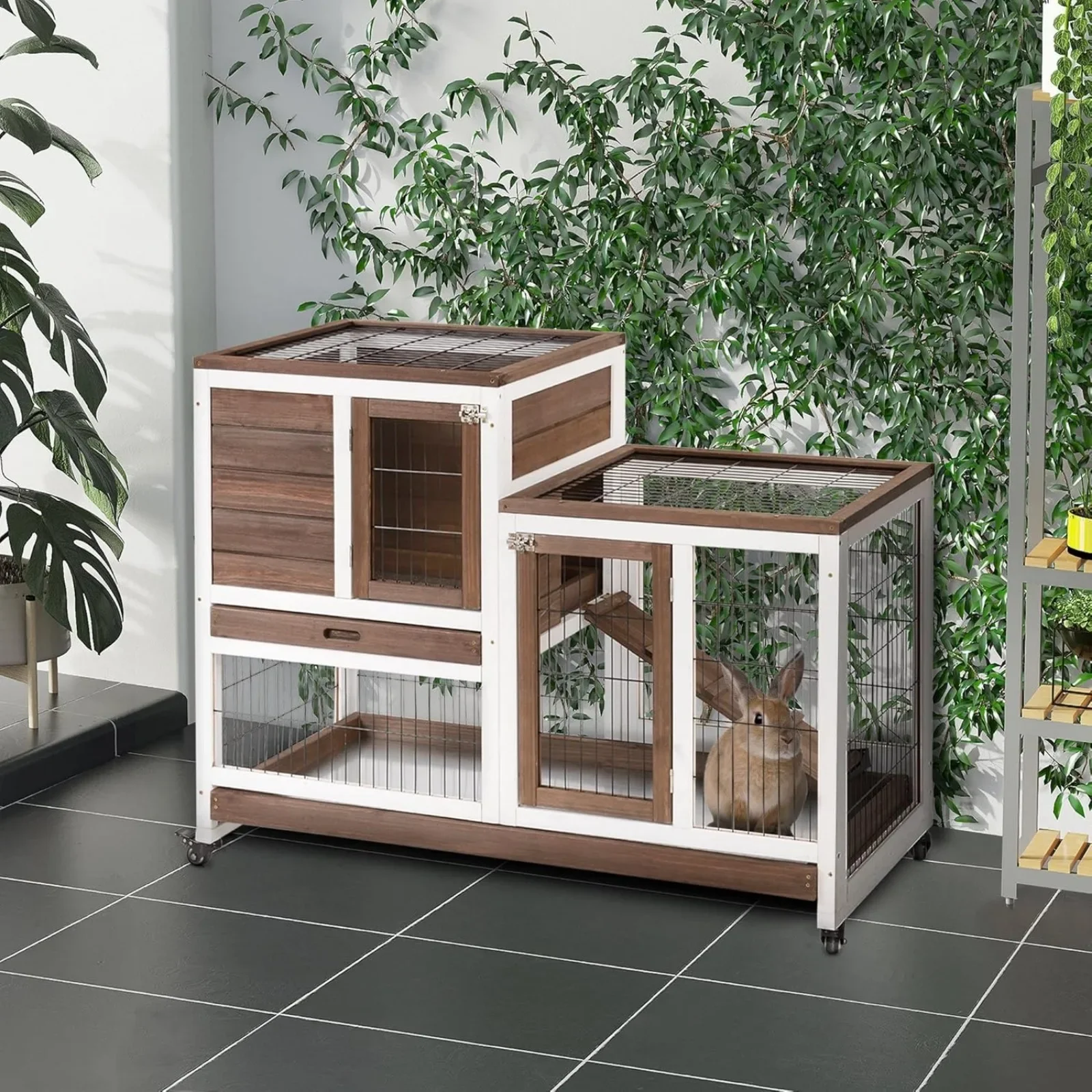 US Wooden Rabbit Hutch, Elevated Bunny Cage, Indoor Small Animal Habitat with Enclosed Run with Wheels, Ramp, Removable