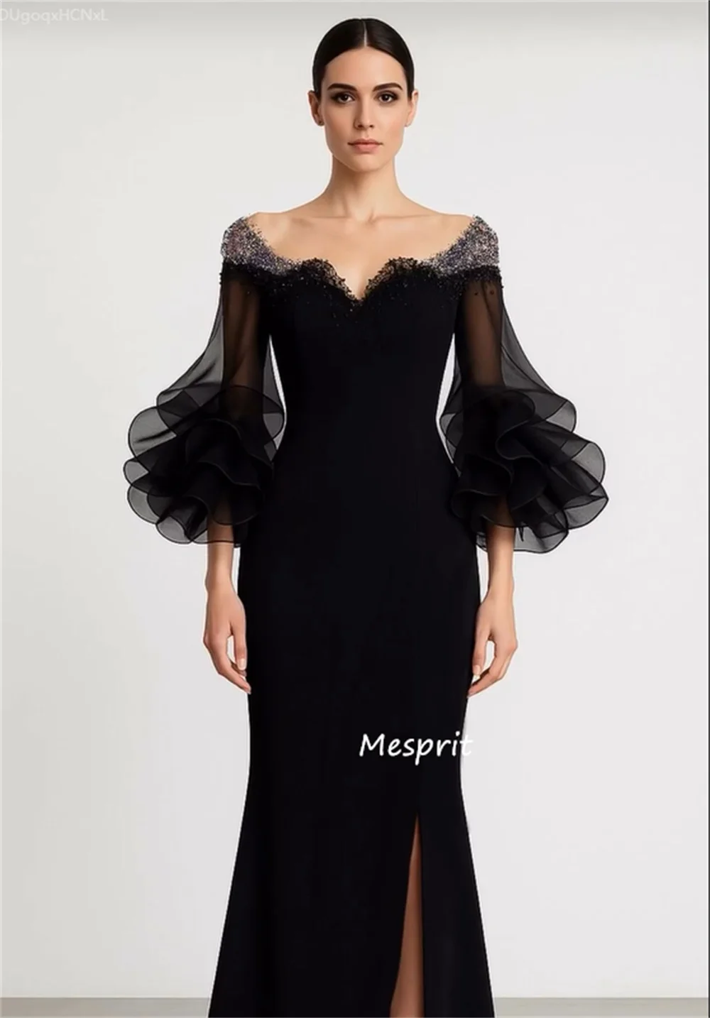 Maßgeschneiderte formelle Kleider mit Jersey-Plissee und Perlenmuster, schulterfreies Trompeten-Midikleid für besondere Anlässe, exquisit – Detail 4
