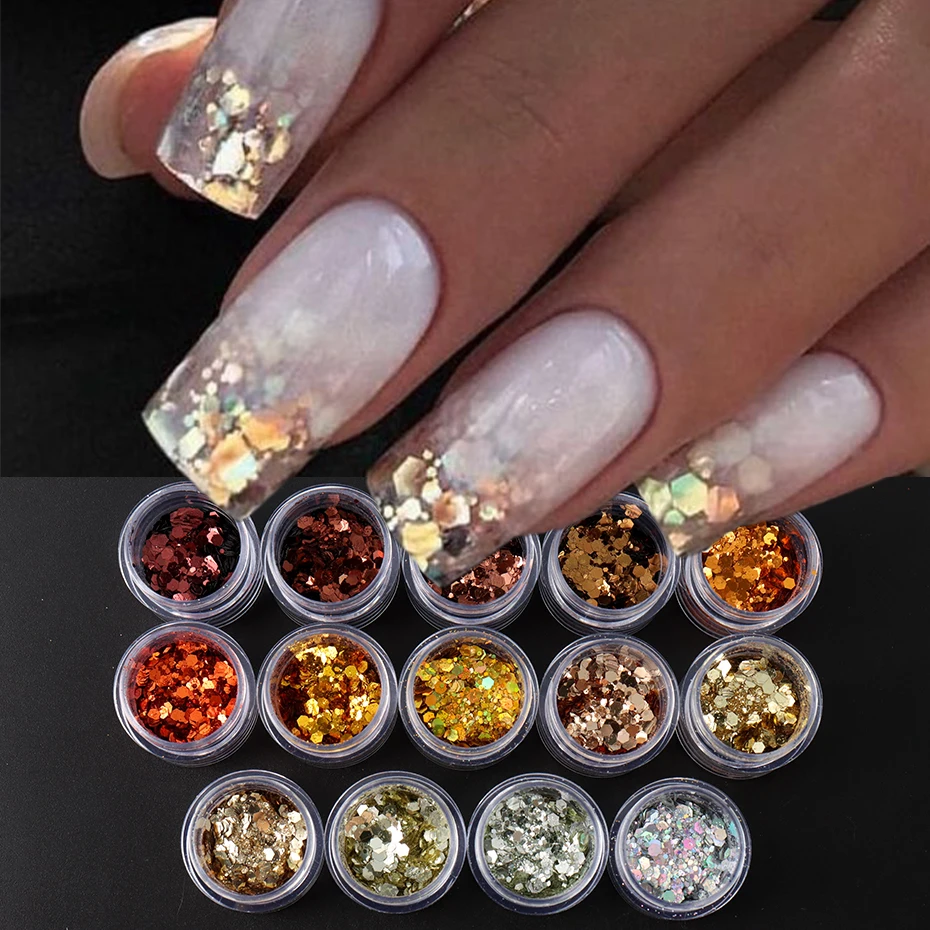 14 Uds. Lentejuelas holográficas con purpurina para uñas, copos de uñas rojos dorados con láser hexagonal grueso para impresionantes manicura y manualidades DIY