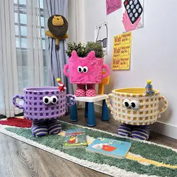 Small Monster Storage Basket with Lid Cartoon Dopamine Storage Box Cute Folding Home Storage Toy Snack Sorting Box Woven Basket