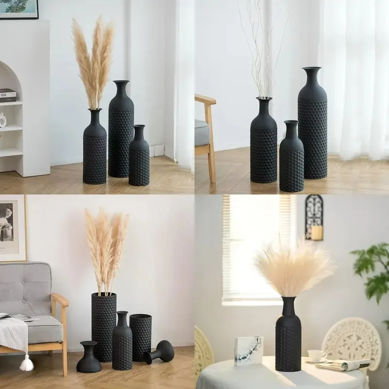 3 Piece Set Large Black Metal Floor to Ceiling Vase Modern Nordic  Hive Textured Home Decoration for Restaurant