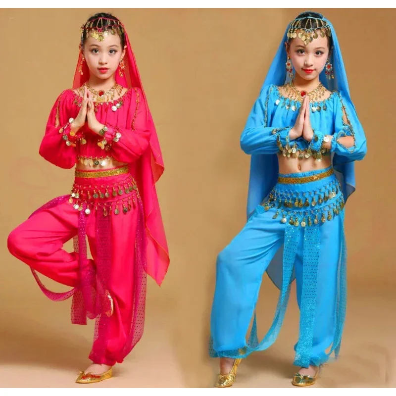 Children Belly Dance Costumes for Girls Oriental Indian Stage Dancing Costumes Set 4PCS(Top Shirt Head Scarf Waist Chain Pant)