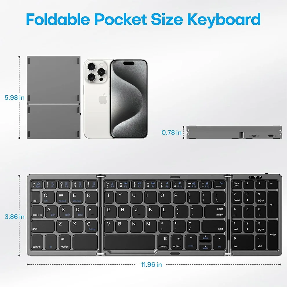 Teclado Bluetooth sem fio dobrável com almofada numérica, recarregável, multi-dispositivos, iPad, iPhone,Tablet