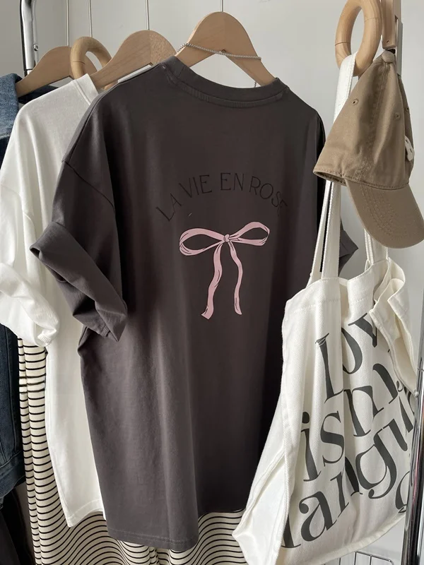 American High Street Spring New Back  Knot Letter Lazy Loose Large Version Short Sleeve T Shirt Women Casual Ins