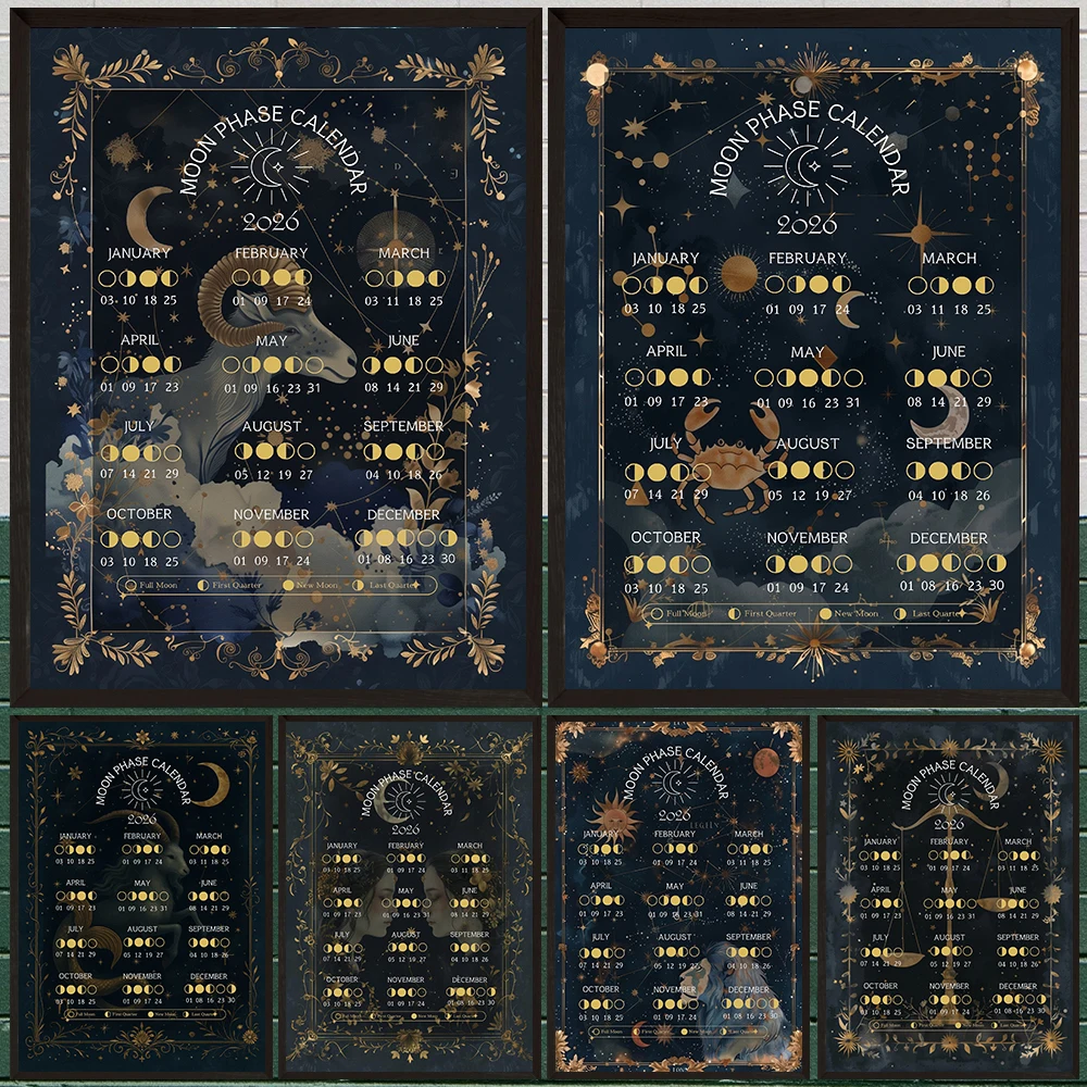 

Celestial Astrology & Moon Phase Calendar 2026 Wall Art Canvas Print,Mystical 2026 Luna Calendar Gothic Art Poster Print Decor