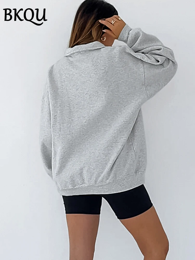 BKQU Polo Neck Sweatshirts Women\'s Casual Solid Sweatshirts 2024 Autumn Winter Long Sleeve Gray Blue Sweatshirt Pullovers