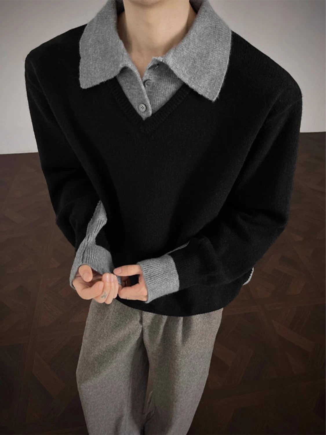 

Мужской повседневный вязаный свитер с эффектом двухслойности, длинный рукав, воротник, полиэстер, весна-осень, трендовый, с эффектом высокого комфорта