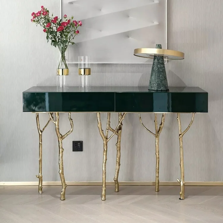 Modern Villa Style Console Table Copper with Wooden Top and Brass Base for Home Apartment or Hotel Living Room & Entry