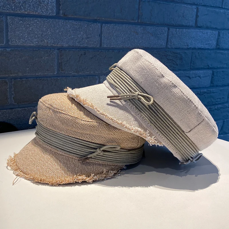 

Faionable Cotton Linen Flat Top Hats for Women Thin Briti Sle Simple Bolerize Cap Personalized Frayed Streetwear