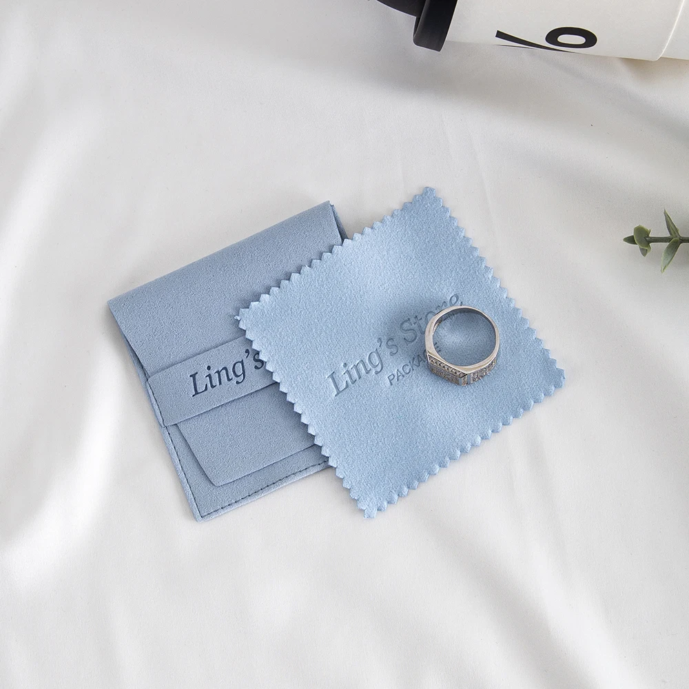 

24/50/100Set Baby Blue 8x8cm Microfiber Jewelry Velvet Bag And 8x8cm Silver Polishing Cloth Earrings Ring Pouch Can Personalized