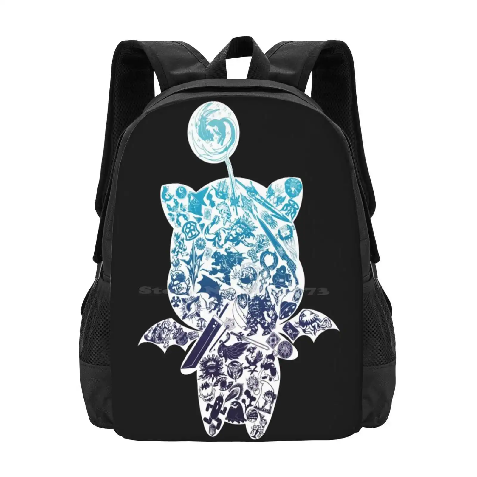 Moogle-Verse ( Blue ) School Bag Big Capacity Backpack Laptop Finalfantasy Moogle Mogry Chocobo Time Blue Black White Jrpg Game