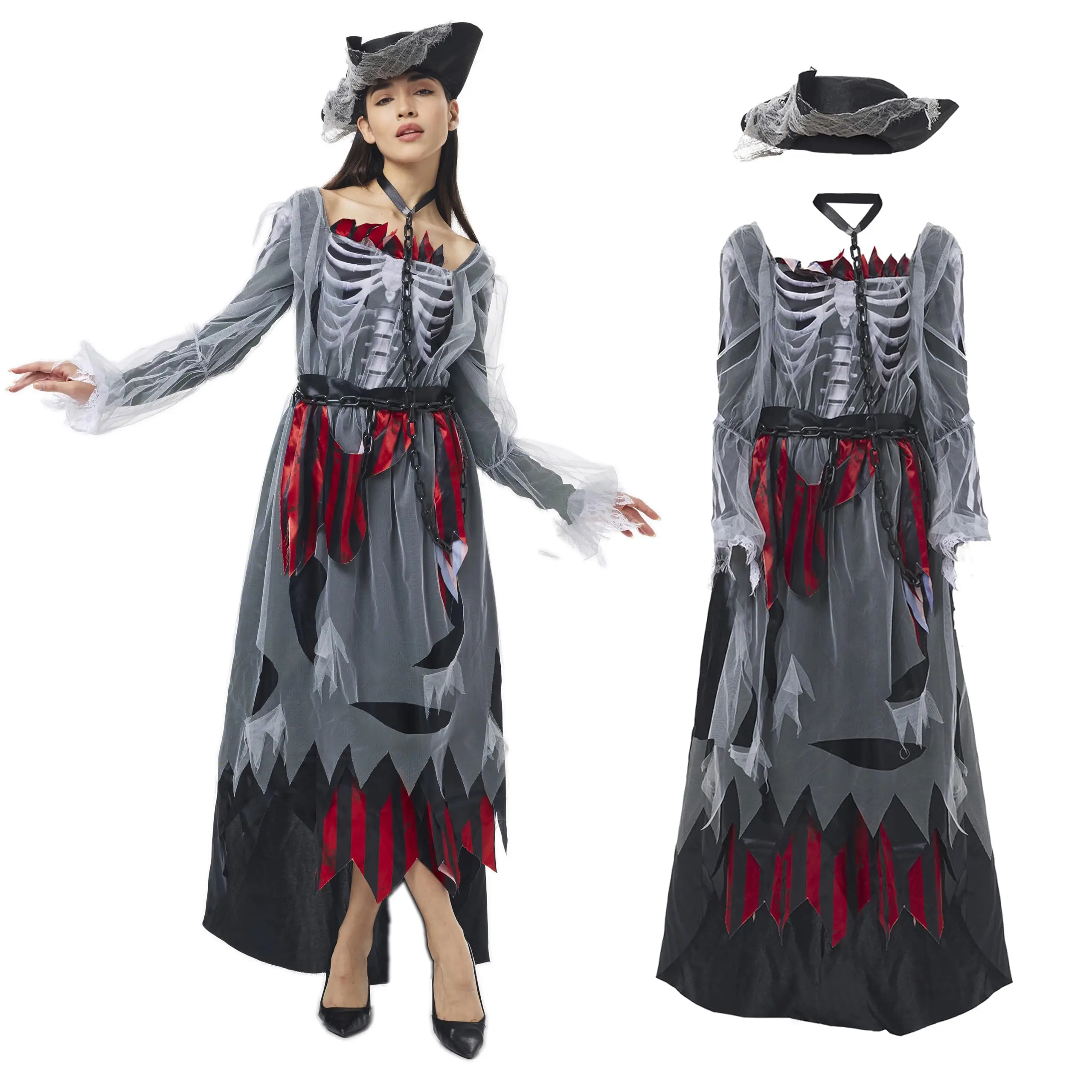 

Ghost Pirate Costume Women Skeleton Dead Outfit Zombie Sea Captain Robber Dress Hat Chain Halloween Cosplay Costume For Adult