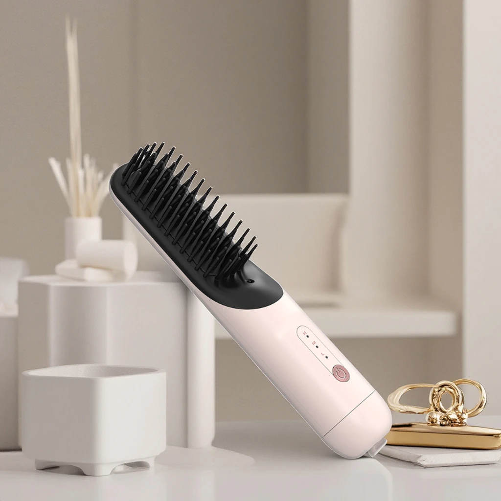 Portable 4000mah Mini Ionic Hair Brush 30 Million Negative Ionic 2-in-1 Straight Curled Hair Household Hotel Use Battery Powered