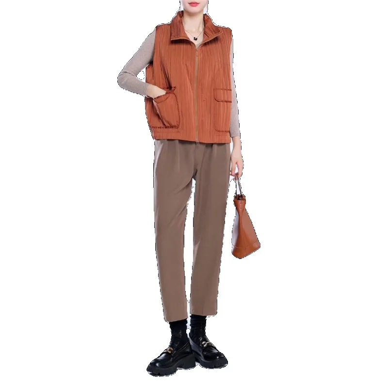 GGHK Miyake Pleated Fall and Winter Women Vest Vest Solid Color Lapel Zipper Pocket Design Casual Vintage Female Jacket