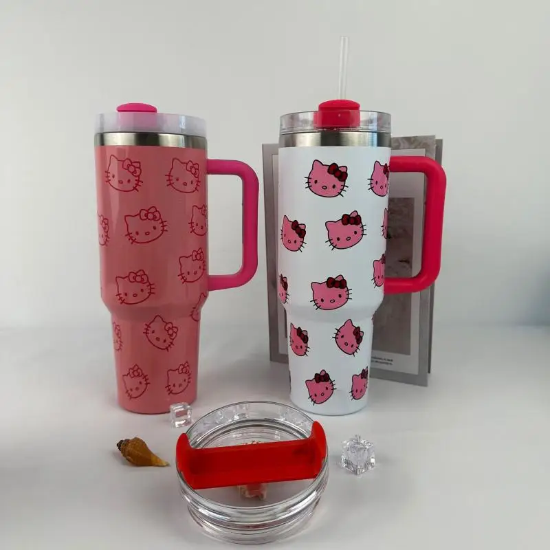 

New Hello Kitty Handle Straw Lid Stainless Steel Sanrio 2024 40Oz Vacuum Insulated Car Mug Double Wall Thermal Iced Travel Cup