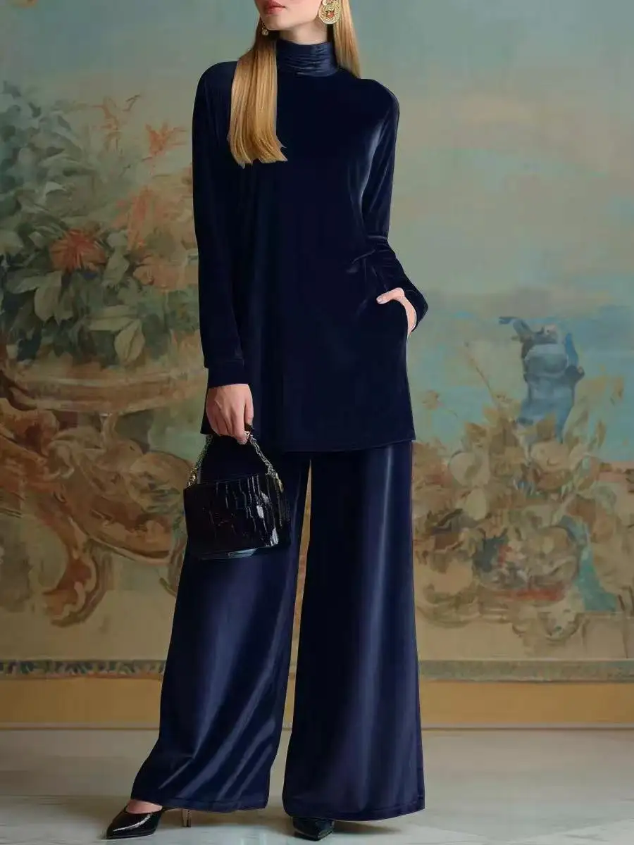 Europäisch-Amerikanisches Herbst-Winter-Set aus Samt: Locker geschnittenes Rollkragen-Oberteil mit Schlitz und weit geschnittene Hose mit Taschen, zweiteiliges Outfit. – Detail 4