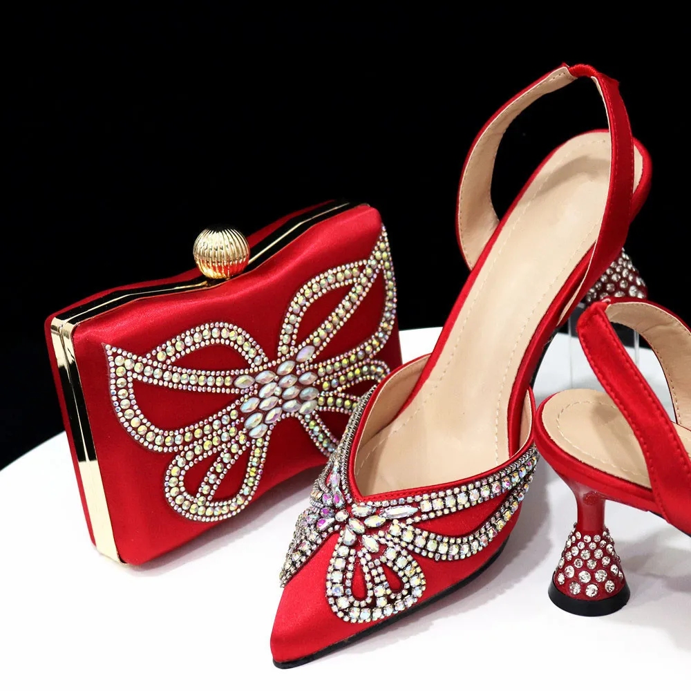 

Nigerian Summer Crystal Elegant Woman Shoes And Bag To Match Set Italian Summer High Heels Shoes And Bag Sets For Party Dress