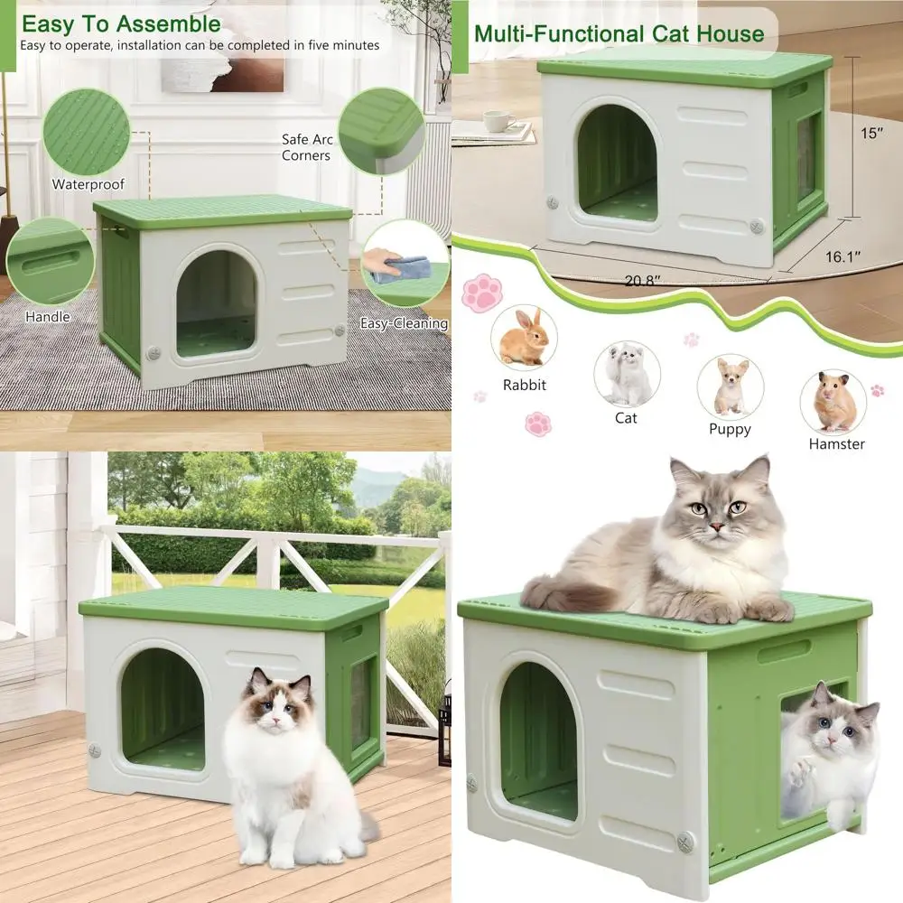 

Waterproof Indoor/Outdoor Cat House with Escape Door for Small Pets, Spacious and Easy Assembly - Green
