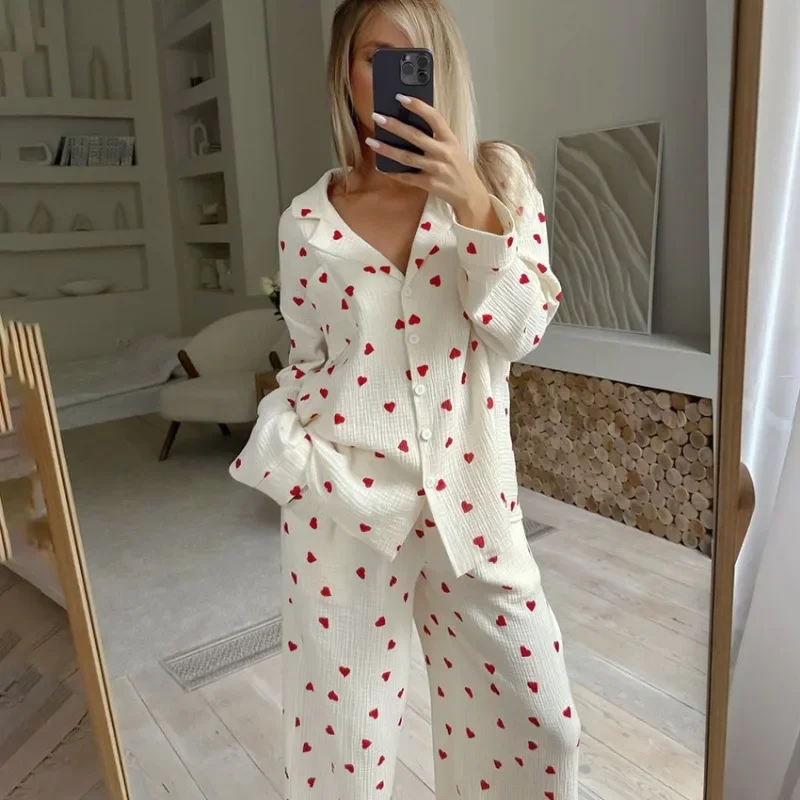 2-Piece Muslin Pajamas Set for Women 100% Cotton Love Printed Comfortable Long-Sleeved Tops Pajamas Home Wear Sleep Autumn Cloth