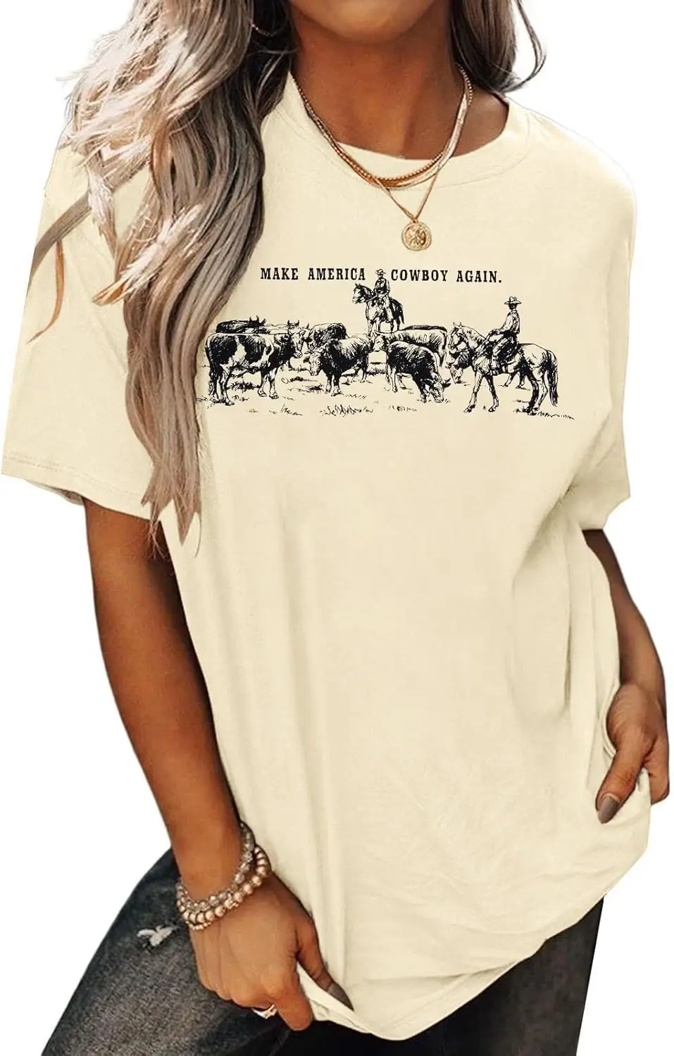 Cowboy Oversized T-Shirt for Women Make America Cowboy Again Shirts Western Retro Short Sleeve Tops