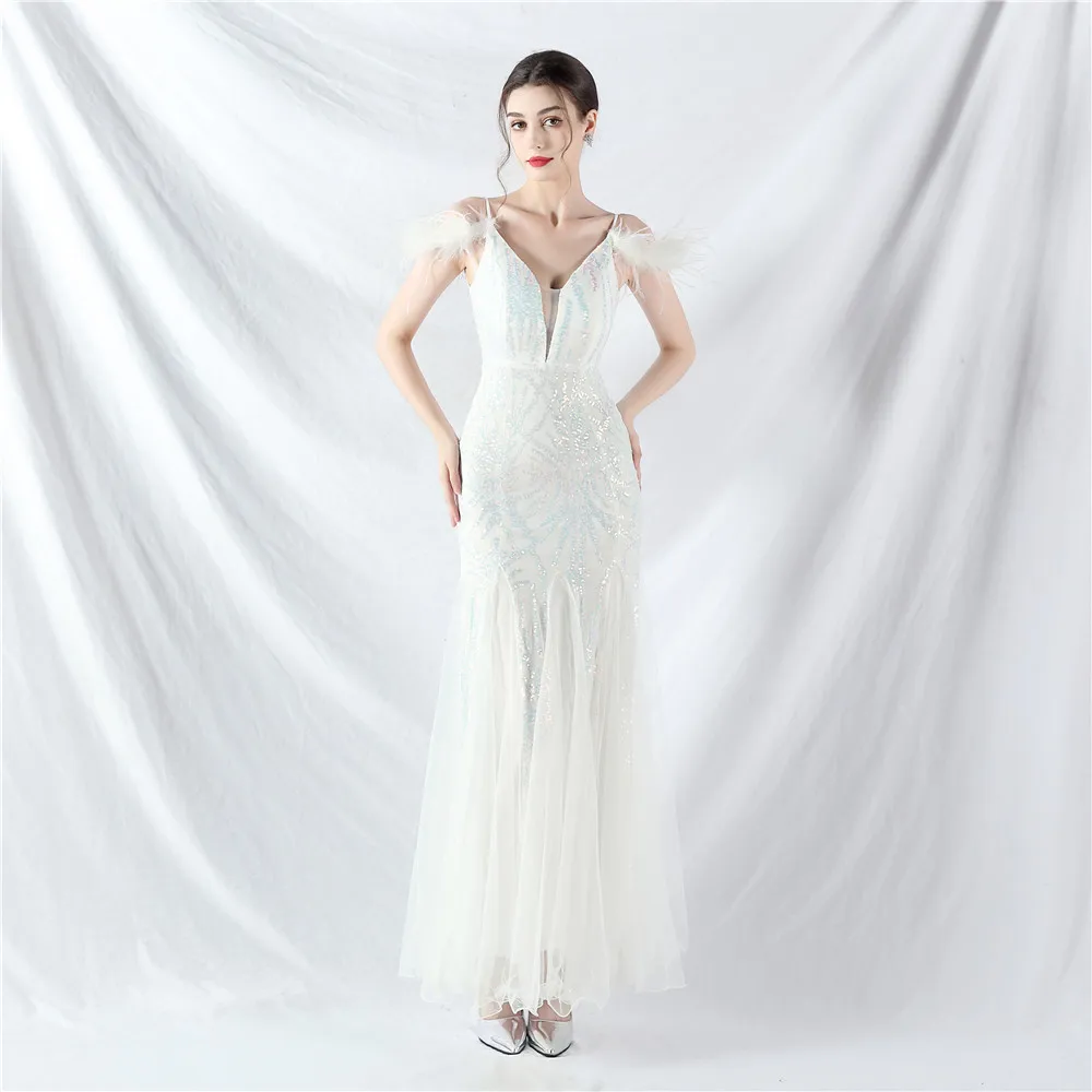 Women's Spagetti Strap Ostrich Mesh Stitching Mermaid Prom Dresses  Evening Party Gowns