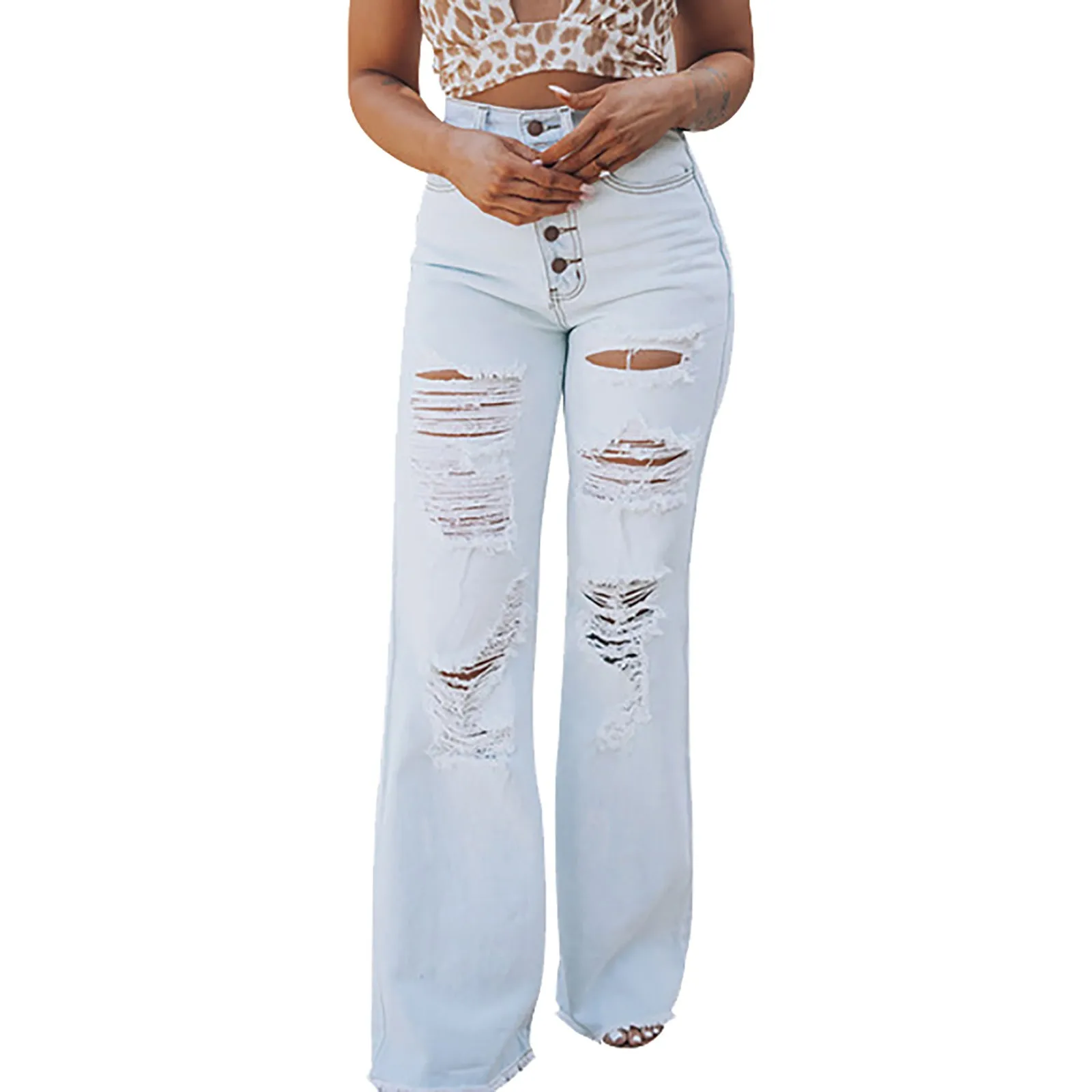 Ladies' Summer Light Colored Ripped Single Breasted Straight Pants Casual High Rise Denim Micro Raffle Women plus Pajama Pants