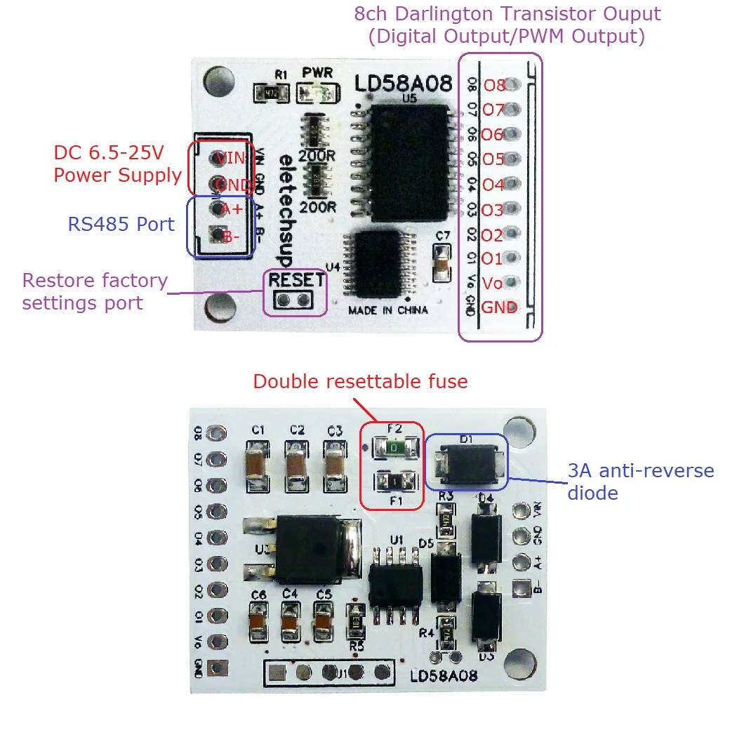 8ch RS485 Modbus RTU Multifunction MOS Driver Board for Motor LED Relay Solenoid Valves Multilayer Signal Lights DO/PWM Output