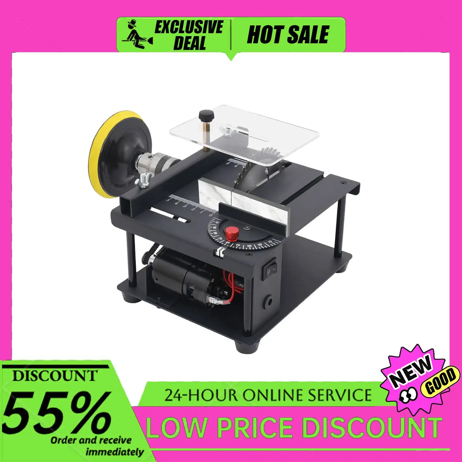 

200W Mini Table Saw 10000RPM Motor 0-90° Adjustable Cutting 1.38in Depth w/5 Sandpapers for DIY Wood/Acrylic/Plastic