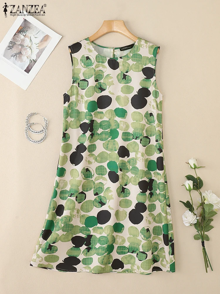 2025 ZANZEA 夏ノースリーブ花柄サンドレス女性ボヘミアンビーチ膝丈ドレスカジュアルホリデー Vestidos ローブファム