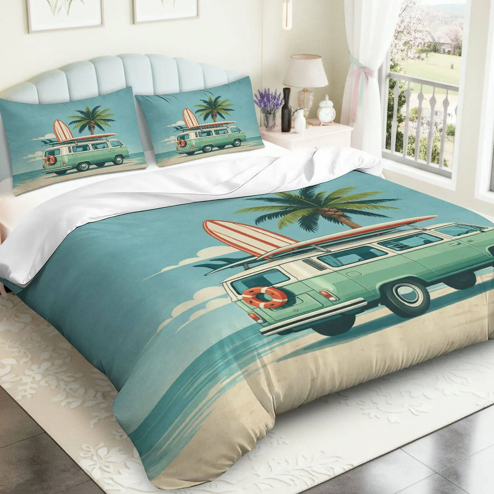 Customize 3pcs Duvet Cover Set, 1 Duvet+2 Pillowcases( Without Filler), Retro Beach Surfing Van Palm Theme, Summer Bedding, Vint