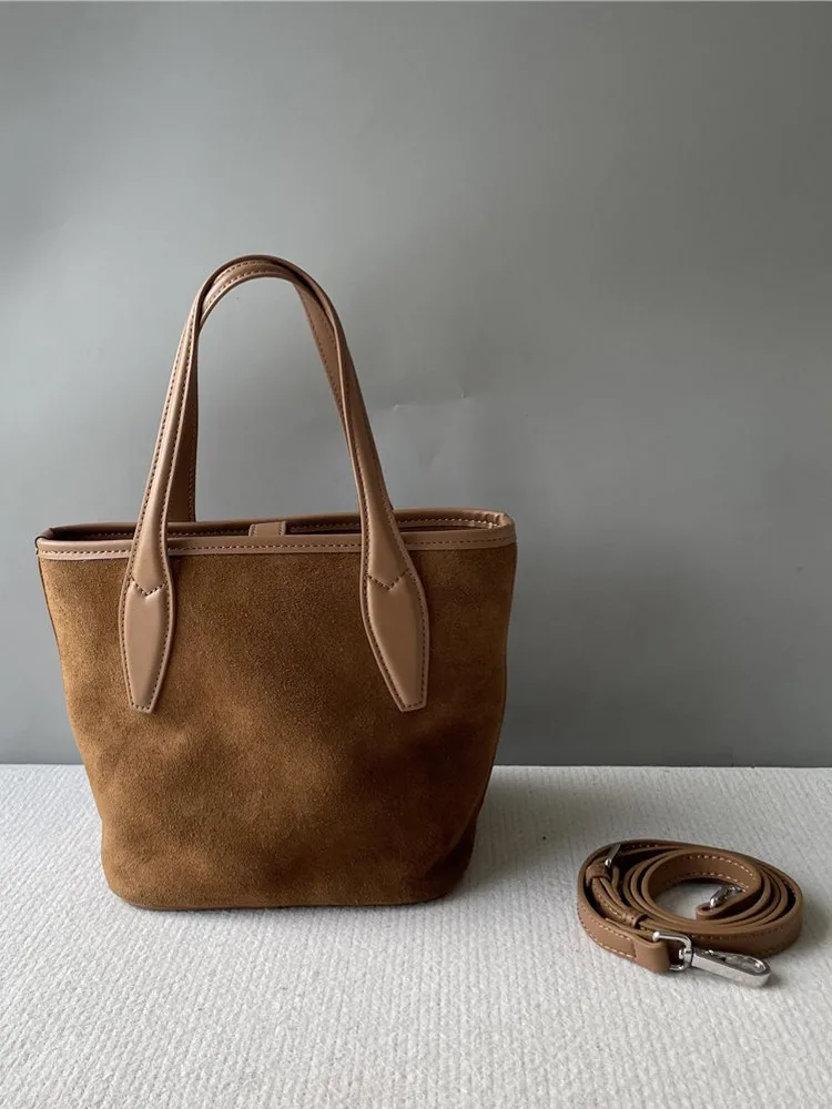 Vintage Womens Buckle Faux Suede Casual Totes Handbag Vintage Bucket Bag Fashion Ladies Single Shoulder Crossbody Underarm Bags
