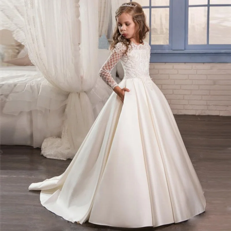 

White Flower Girl Dresses Satin Appliques Pattern Long Sleeve For Wedding Birthday Party Banquet First Communion Gowns