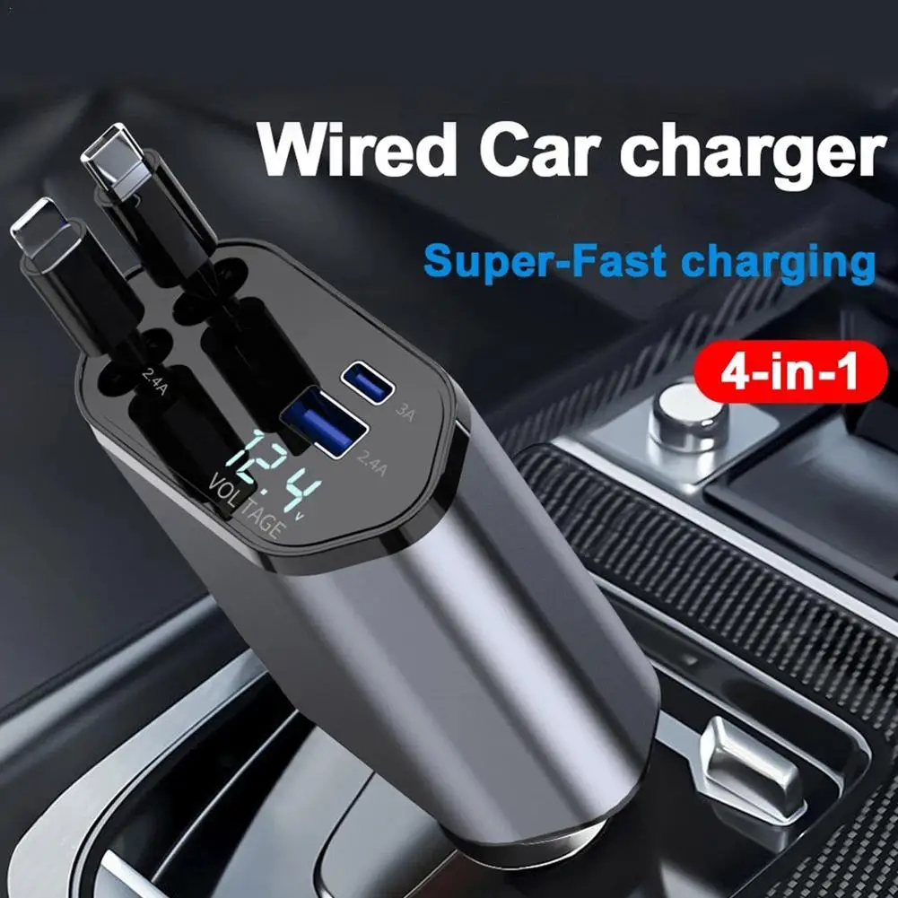 

Car Mounted Charger Supports 120W Super Fast Charging Flash Charging Telescopic Cable 4 In 1 Cigarette Lighter For Car Charging